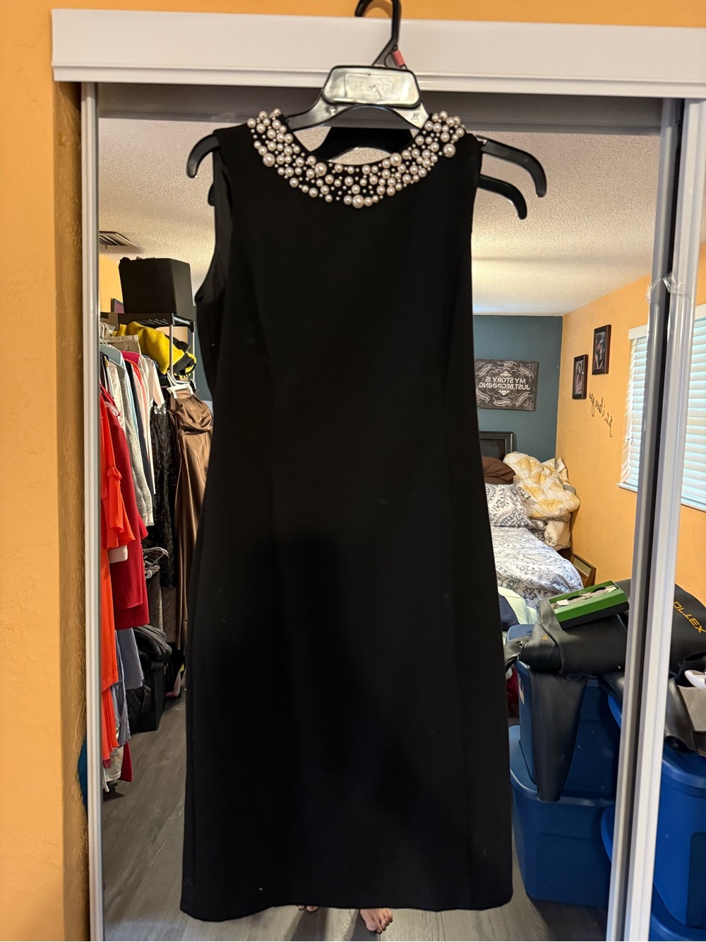 Ellen Tracy Black Midi Sheath Dress with Pearl Collar